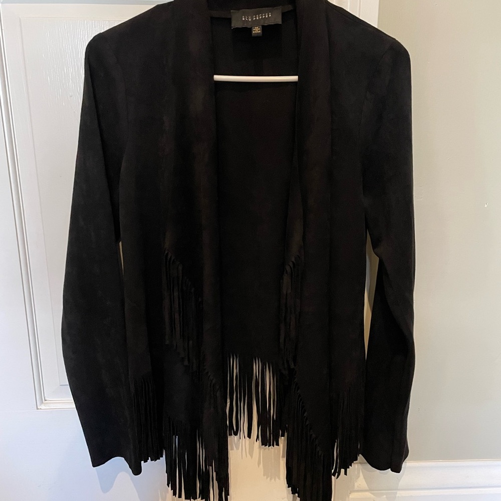 Faux suede blaxk fringe jacket